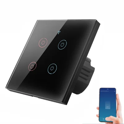 SMATRUL TMW-01 Tuya WiFi Smart Touch Light Switch Wall Remote Control for Alexa Google Home EU Plug, 4 Gang WiFi - Black