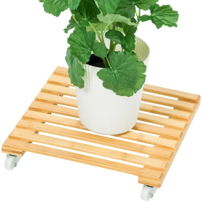 GLTPNZHJ-01 25x25cm Square Flower Pot Holder Tray with Wheels Bamboo Roller Base, Size S
