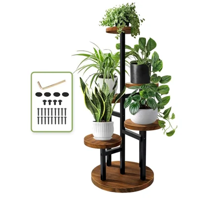 Five-Tier Plant Stand Wood+Metal Living Room Balcony Succulent Flower Pot Holder Display Rack