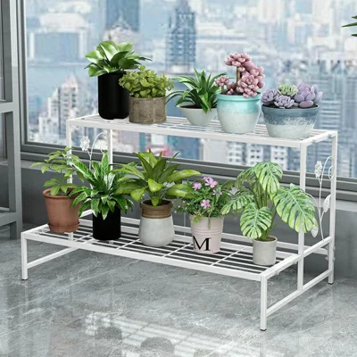 JTHJ01 2 Tiers Iron Flower Pot Shelf Plant Organizer Stand for Balcony Garden Patio - White