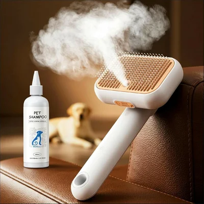 RORHXIA YD01-HXY Pet Steam Brush Electric Grooming 45ml Water Tank Self-Cleaning Spray Comb for Dogs Cats - Rose Gold