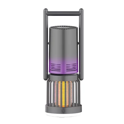 Ventilateur de camping 3 en 1, tue-moustiques avec lumière UV 365 nm, lampe de nuit rechargeable USB-C pour usage extérieur - Gris Violet