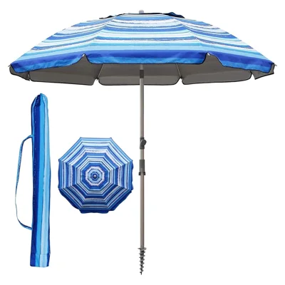 Beach Umbrella with Sand Anchor Outdoor Portable Beach Umbrella with Tilt Pole, Height: 220cm
