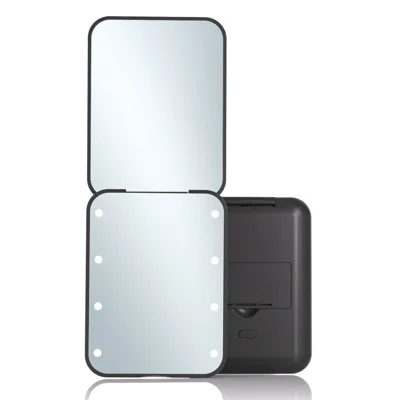 MR-L2307 Portable Double-Sided Makeup Mirror with LED Light Folding 2X Magnifying Mirror - Black