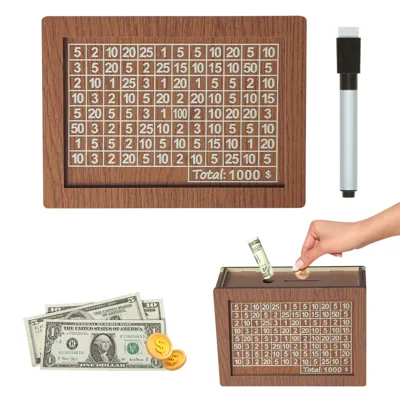Retro Wooden Piggy Bank Creative US Dollar Money Box with Acrylic Board and Erasable Pen - 1000 Dollar