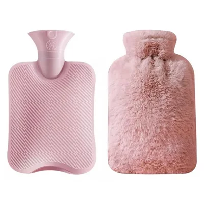 1000ML Refillable Hot Water Bag with Removeable Faux Fur Cover Winter Hand Feet Warmer Water Bottle - Pink