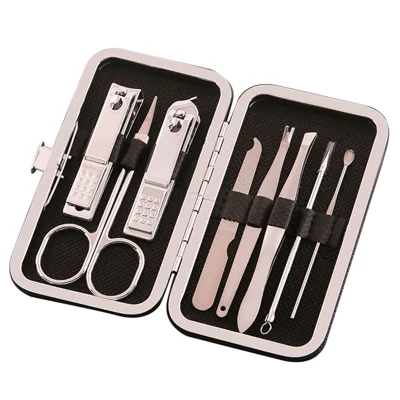 8Pcs / Set Manicure Tools Carbon Steel Pedicure Nail Scissors Clippers Files Kit with Leather Box - Style A / Black