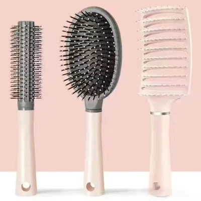 3Pcs / Set Women Hair Styling Comb Curved Comb + Curling Comb + Air Cushion Scalp Massage Comb - Pink