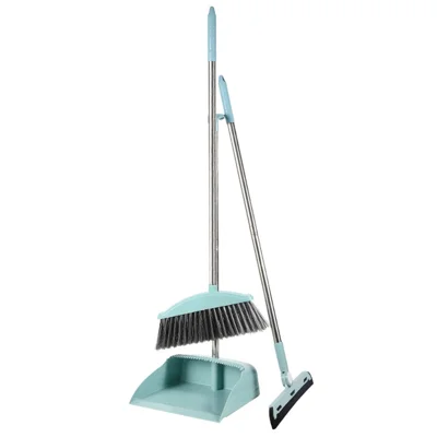 Household Broom Dustpan Set Soft Bristle Broom + Dustpan + Floor Squeegee Tools Set - Blue