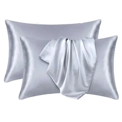 2Pcs 50x70cm Smooth Satin Silk Pillowcase Solid Color Pillow Cover Home Bedding - Silver