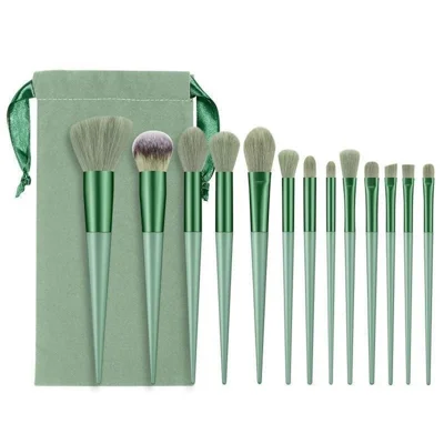 13Pcs Makeup Brush Set Cosmetic Brushes Soft Fiber Foundation / Contour / Blending Tools with Velvet Pouch - Green