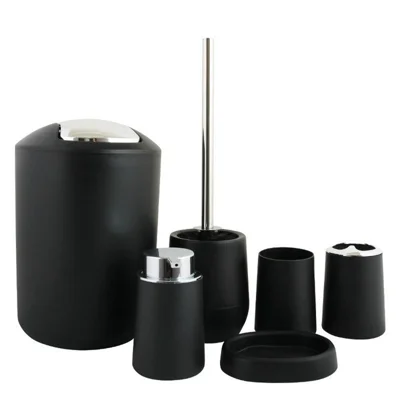 T223 6Pcs Bathroom Toothbrush Holder Rinse Cup Soap Dish Trash Can Toilet Brush Set - Black