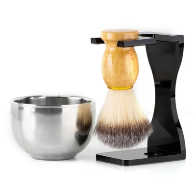 3 In 1 Shaving Brush Set with Acrylic Stand Stainless Steel Bowl Beard Grooming Kit for Men - Black