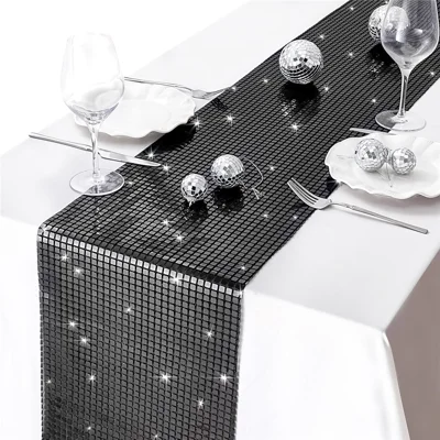30x275cm Disco Mirror Sequin Plaid Table Runner European Wedding Party New Year Decor Tablet Flag - Black
