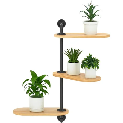 3 Tier Wall Mounted Plant Stand Rotating Shelf Carbon Steel Wood Board Flower Pot Holder Storage Rack