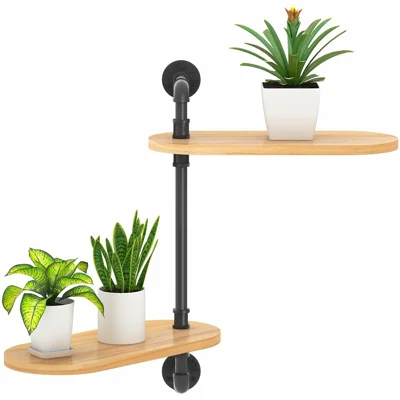 2 Tier Wall Mounted Plant Stand Rotating Shelf Carbon Steel Wood Board Flower Pot Holder Storage Rack