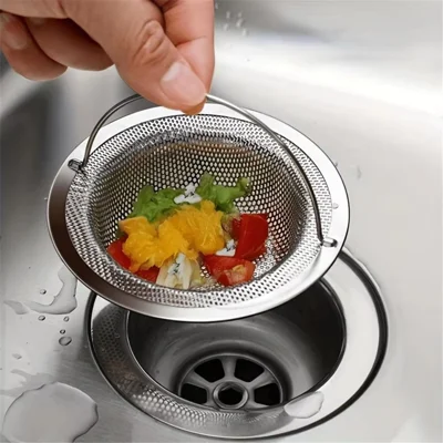Stainless Steel Kitchen Sink Strainer Dishwashing Basin Garbage Filter Mesh Drain Basket with Lift Handle