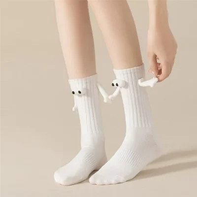 Thin Cotton Couple Socks Summer Magnetic Attraction Cute Holding Hands Mid Calf Socks - Three-Dimensional White
