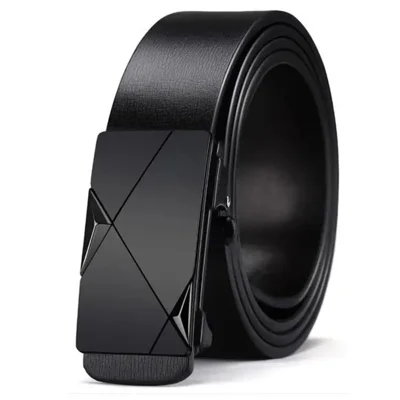 Automatic Buckle Belt Men's Casual Leather Belt No Holes Design Trouser Belt 130cm Length - Black