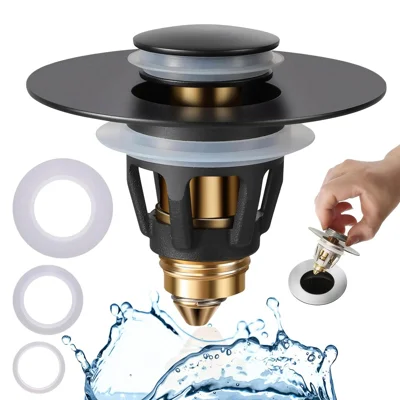 Sink Drain Stopper Bathroom Basin Universal Push Button Pop Up Plug Anti Clog Hair Catcher - Matte Black