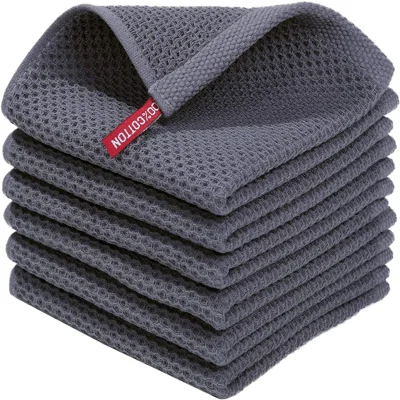 6Pcs 34x34cm Cotton Waffle Weave Kitchen Dish Towels Quick Cleaning Fast Absorbing Rag with Hanging Loop - Dark Grey