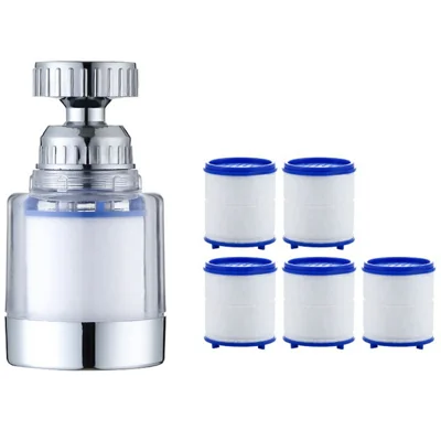 Water Faucet Filter Splash Proof Sprayer Kitchen Tap Pressure Booster Rotatable Spout with 5 Filter Cartridges