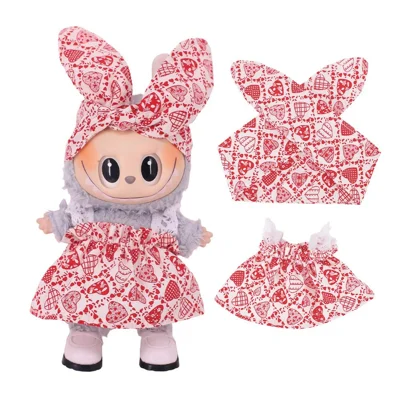 For Labubu 17cm Mini Figure Plush Doll Clothing Floral Print Dress with Headband Party Outfit Gift - xm2655