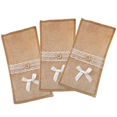3Pcs / Set Burlap Cutlery Holder Lace Tableware Knife Fork Pouch Pocket Christmas Tablet Decoration - Bowknot