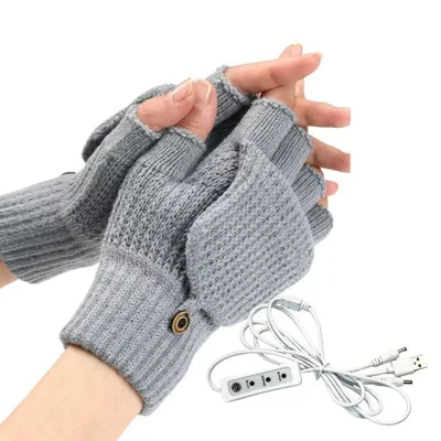 Flip Top Striped Knit Gloves 3 Temperature Levels USB Heated Winter Half Finger Mittens - Light Grey
