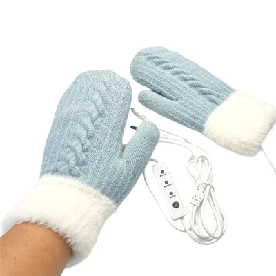3 Temperature Levels USB Heated Gloves Cable Knit Design Fleece Lined Electric Heating Mittens - Blue