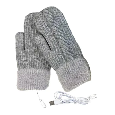 Constant Temperature USB Heated Gloves Cable Knit Design Fleece Lined Electric Heating Mittens - Grey