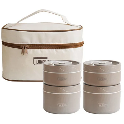 4Pcs Stainless Steel Insulated Lunch Box Microwave Safe Double Layer Bento Box with Carry Bag (BPA Free, No FDA) - Coffee