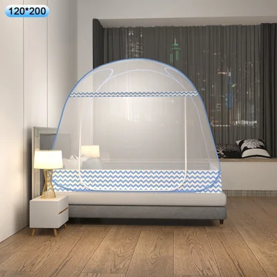 120 x 200cm Wave Pattern Foldable Mosquito Net No Installation Dense Mesh Double Door Full Bottom Bed Canopy - Blue