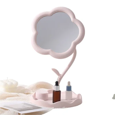 Size L Cute Flower Shape High Definition Makeup Mirror Decorative Desktop Cosmetic Vanity Mirror with Base - Pink