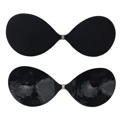 B Cup Women Self Adhesive Nipple Cover with Front Buckle Breathable Invisible Push Up Bra Tape - Black