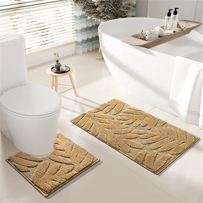 2Pcs / Set Leaves Texture Absorbent Floor Mat Non Slip Bathroom Rug Furry Bath Mat, 50 x 80cm + 50x40cm - Camel