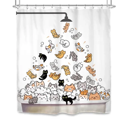 Cartoon Animal Shower Curtain 180 x 180cm Waterproof Polyester Bathroom Divider with 12 Hooks - Cats