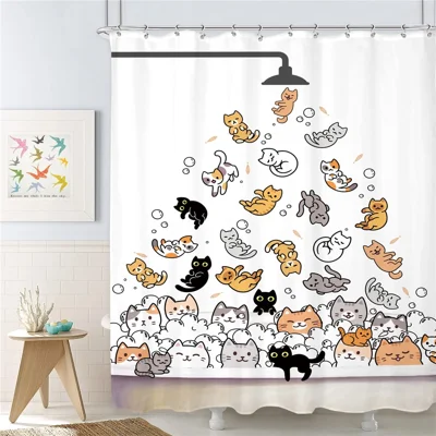 Cartoon Animal Shower Curtain 200 x 180cm Waterproof Polyester Bathroom Divider with 12 Hooks - Cats
