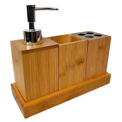 Bamboo Bathroom Accessories Set Toothbrush Holder Mouthwash Cup Lotion Dispenser Bottle with Base