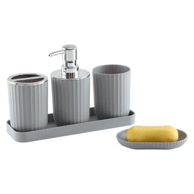 5Pcs / Set Bathroom Accessories Toothbrush Holder Rinse Cup Soap Dish Lotion Dispenser with Organizer Tray - Grey