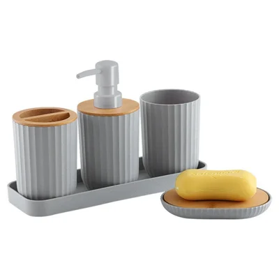 5Pcs / Set Bathroom Accessories Bamboo + Plastic Toothbrush Holder Rinse Cup Soap Dish Lotion Dispenser with Tray - Grey