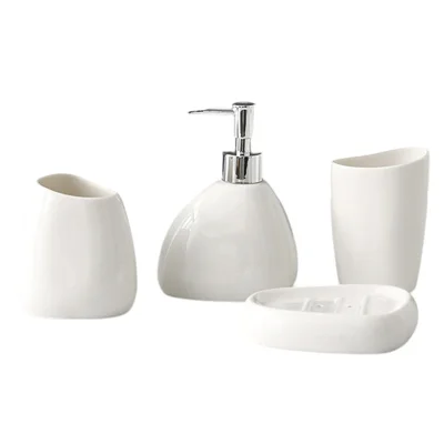 4Pcs / Set Ceramic Bathroom Accessories Toothbrush Holder Lotion Dispenser Bottle Rinsing Cup Soap Dish - White