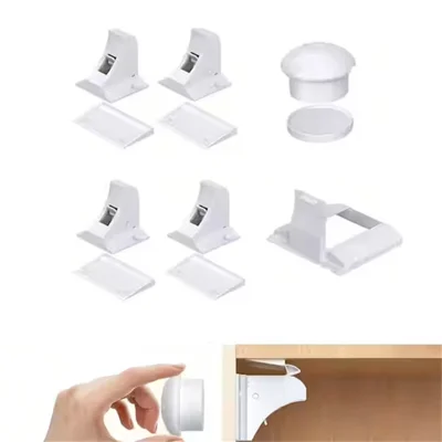 Invisible Magnetic Drawer Lock Self Adhesive Child Safety Cabinet Latch, 4 Locks + 1 Key + 1 Bracket