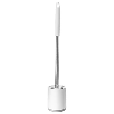 Stainless Steel Long Handle Toilet Brush Storage Base Set Wall Mounted Bathroom Cleaning Tool - Round Base