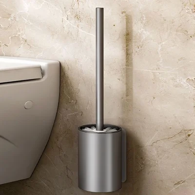 Space Aluminum Long Handle Toilet Brush + Storage Base No Drill Wall Mounted Bathroom Cleaning Tool - Grey