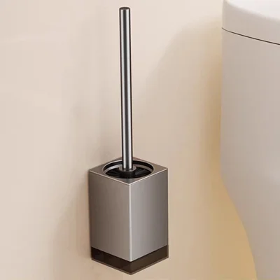 Space Aluminum + ABS Wall Mounted Free Standing Bathroom Toilet Brush with Base and Drip Tray - Square / Grey