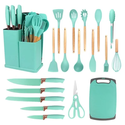 19Pcs / Set Silicone Kitchen Utensil Stainless Steel Knife Silicone Spoon Spatula Kit with Storage Bucket (BPA Free, No FDA) - Dark Green