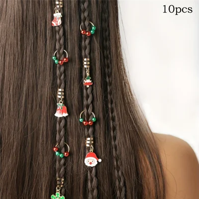 10Pcs  /  Set Christmas Hair Rings Metal Dreadlock Accessories Women Holiday Festive Headwear