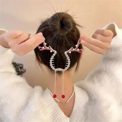 Christmas Antlers Bun Hair Claw with Tassel Hair Barrette Rhinestones Decor High Ponytail Clip - Red