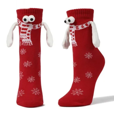 3D Eyes Snowflake Pattern Christmas Socks Magnetic Hand in Hand Mid Calf Socks for Holiday - Red